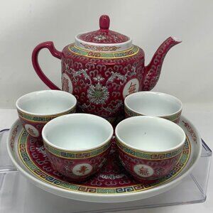 CHINESE FAMILLE ROSE JINGDEZHEN MUN SHOU LONGEVITY 4 TEACUP SET /W TEAPOT & TRAY